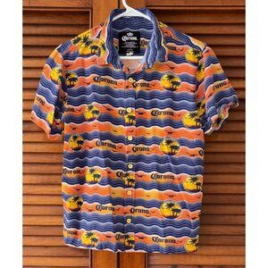 Corona Beer Button Down Blue Orange Hawaiian Shirt Adult Small